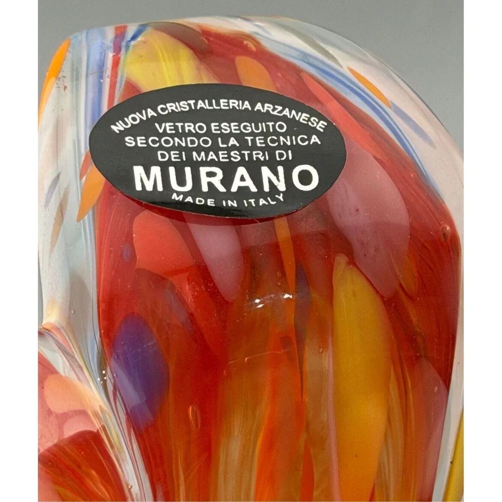 Vintage Murano Vetro Eseguito Vase Art Glass Multicolor Tulip Scalloped Base 6.5
